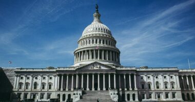 The United States capitol building is pictured with a blue sky above in the background.